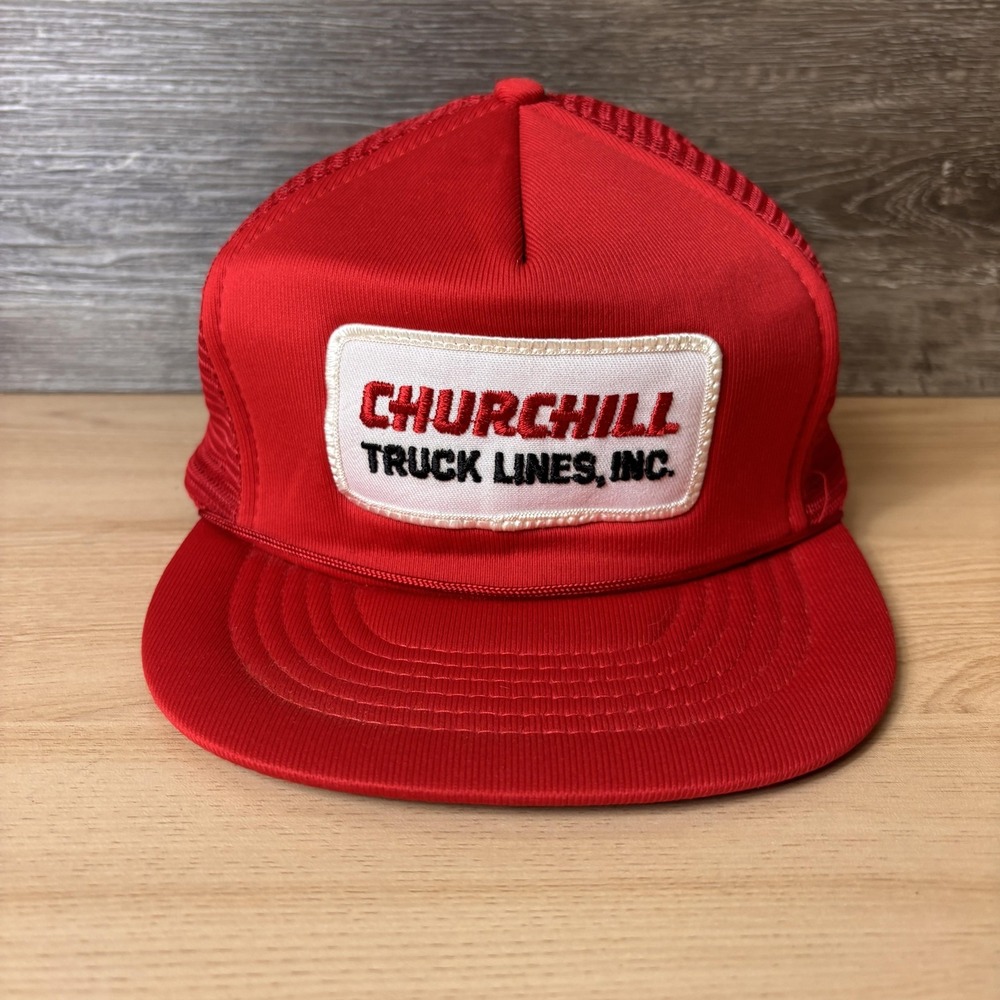 VINTAGE Churchill Truck Lines Inc‎ Hat Cap Snap Back Red Trucker Patch Mens 80s